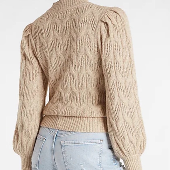 Metallic gold open stitch balloon sleeves mock neck sweater - Picture 5 of 11